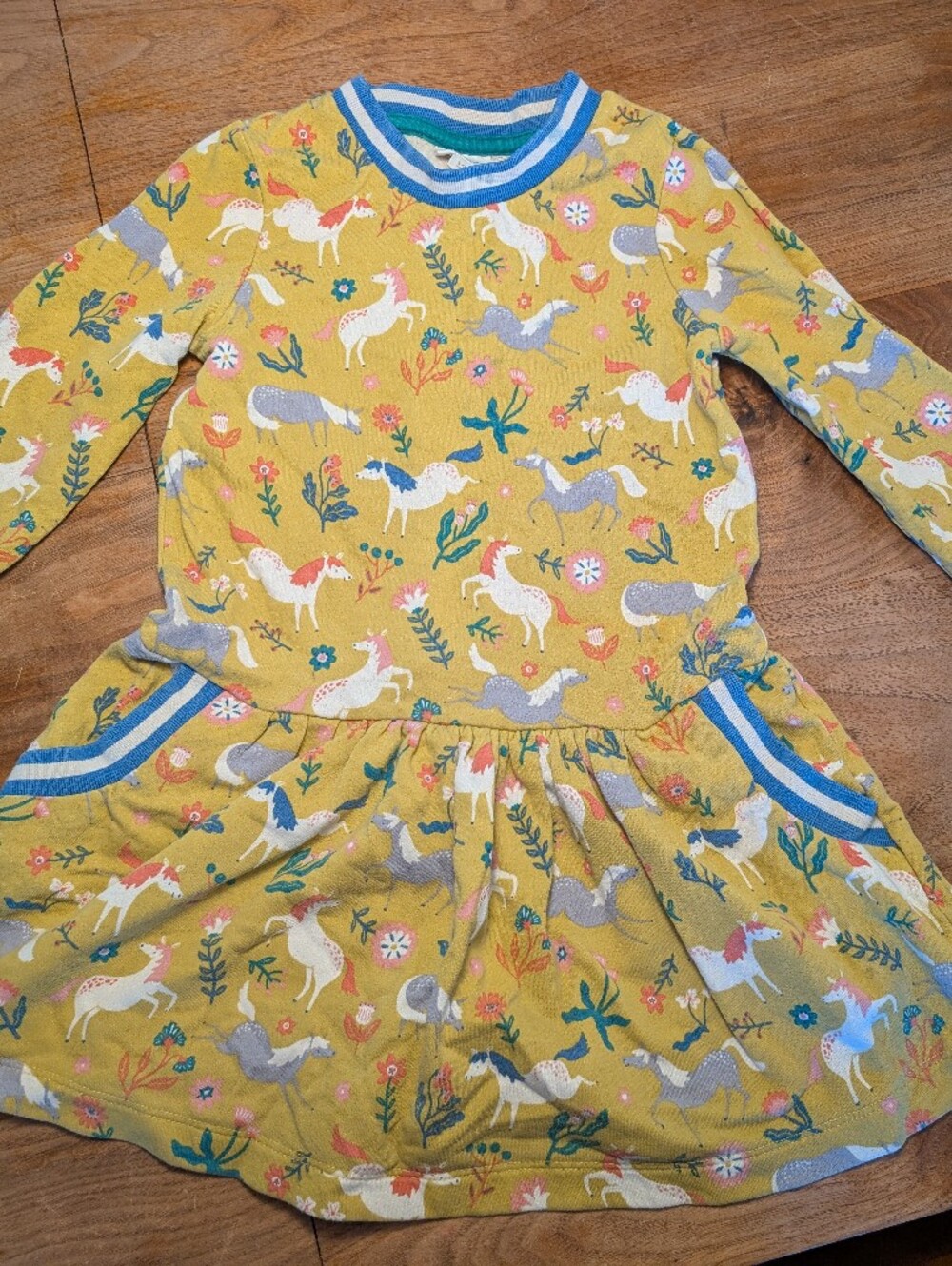 Mini Boden Yellow Unicorn Print Long Sleeve Dress